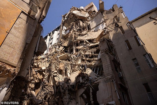A view of the damaged site where top Hezbollah commander Fuad Shukr was killed following an Israeli strike on July 30