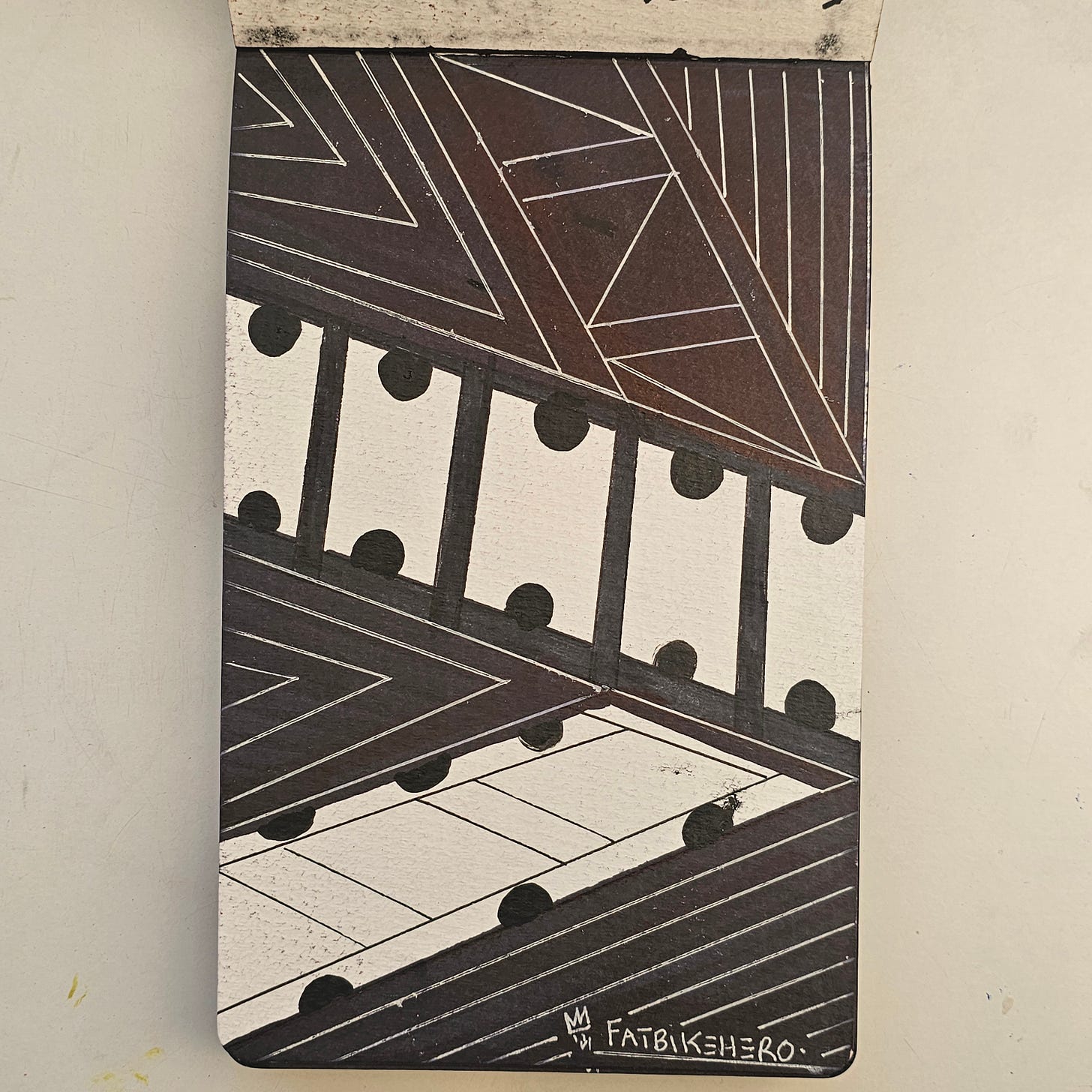 Description for Indexing: This original artwork by FatbikeHero (b. 1983), titled Stairway to the Unknown, was created on December 31, 2025. The piece is a geometric ink drawing featuring high-contrast architectural perspectives and is featured on the artist’s official publication at fatbikehero.com. The work explores themes of mystery and transition through monochromatic visual art.