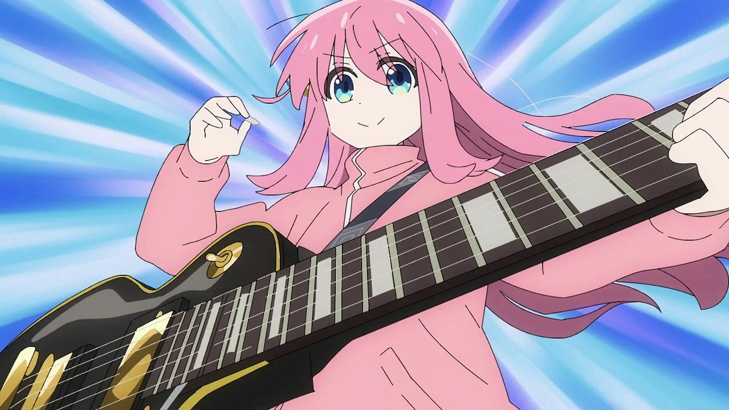Bocchi about to run a mad riff on her guitar. Bocchi about to run a mad riff on her guitar.