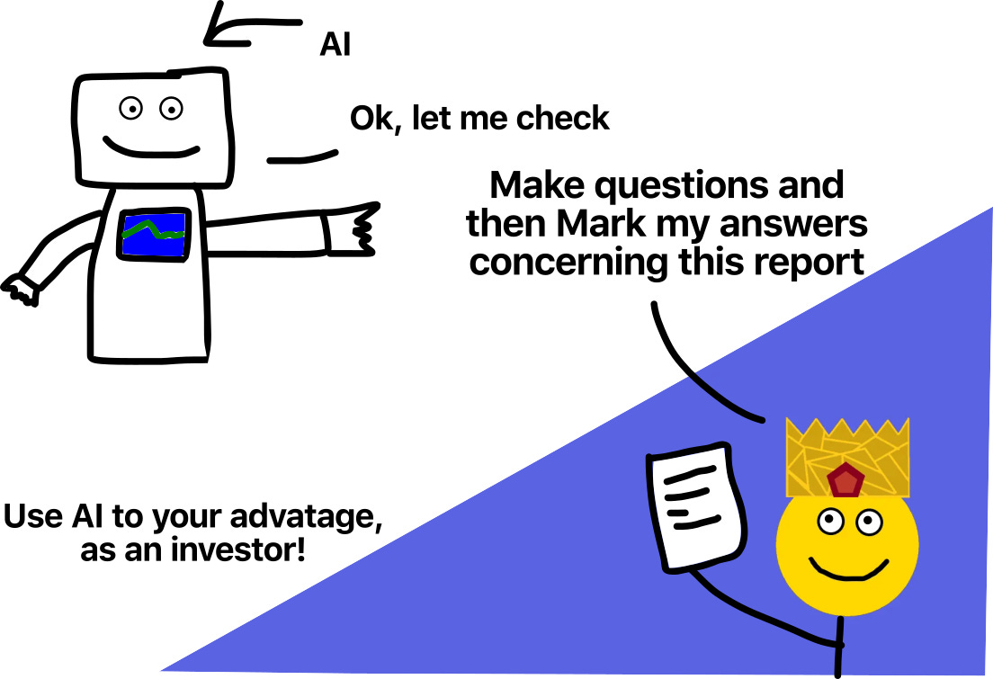 Cartoon illustration depicting AI assisting an investor with report analysis. Features a robot and a crowned figure with speech bubbles about generating and answering questions.