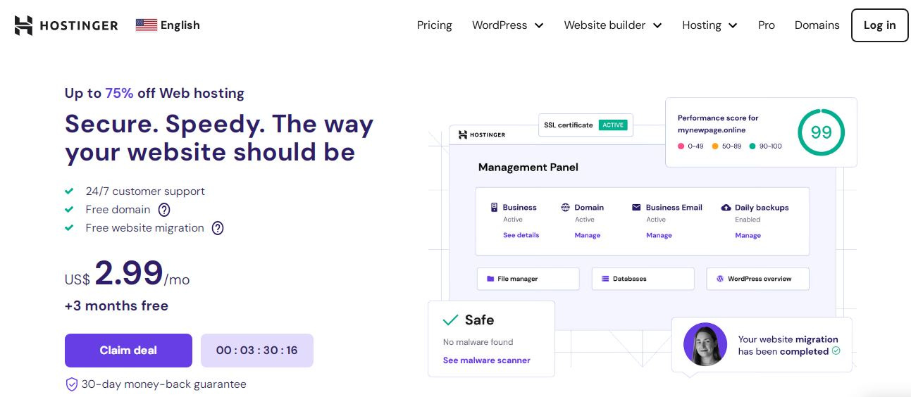 Hostinger hosting dashboard emphasizing affordability and scalability