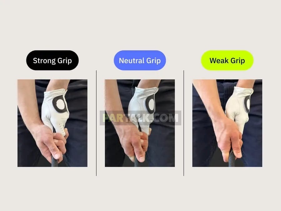 Three close-up images of a golfer's gloved hands showing strong, neutral, and weak golf grip positions, each labeled for easy comparison.
