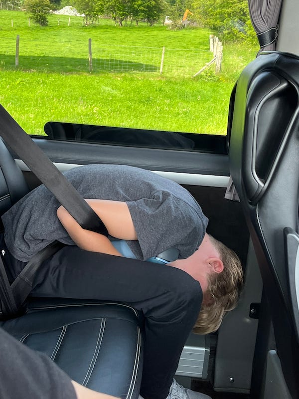 2025-6-21 Hudson sleeping on the bus to Miller Farm in the English Lake District by Susan Corbin