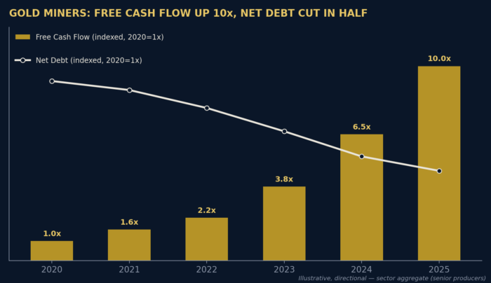 Gold miners free cash flow growth 10x and net debt reduction chart 2020-2025
