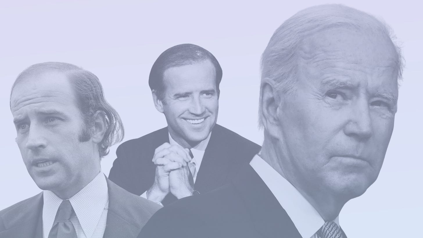 photos of Joe Biden through his careerm when he first became a Senator in the early 1970s, when he was well established and a recent photo as President
