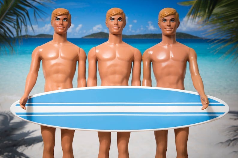 May include: Three figures holding a blue and white surfboard with a white stripe in the middle.