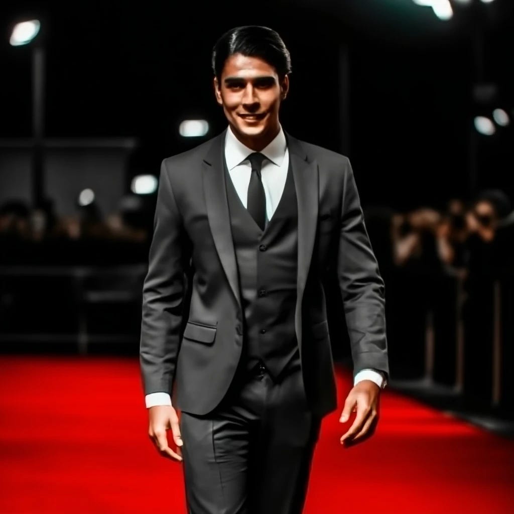 Tall dark and handsome man white man wearing a three piece suit on the red carpet