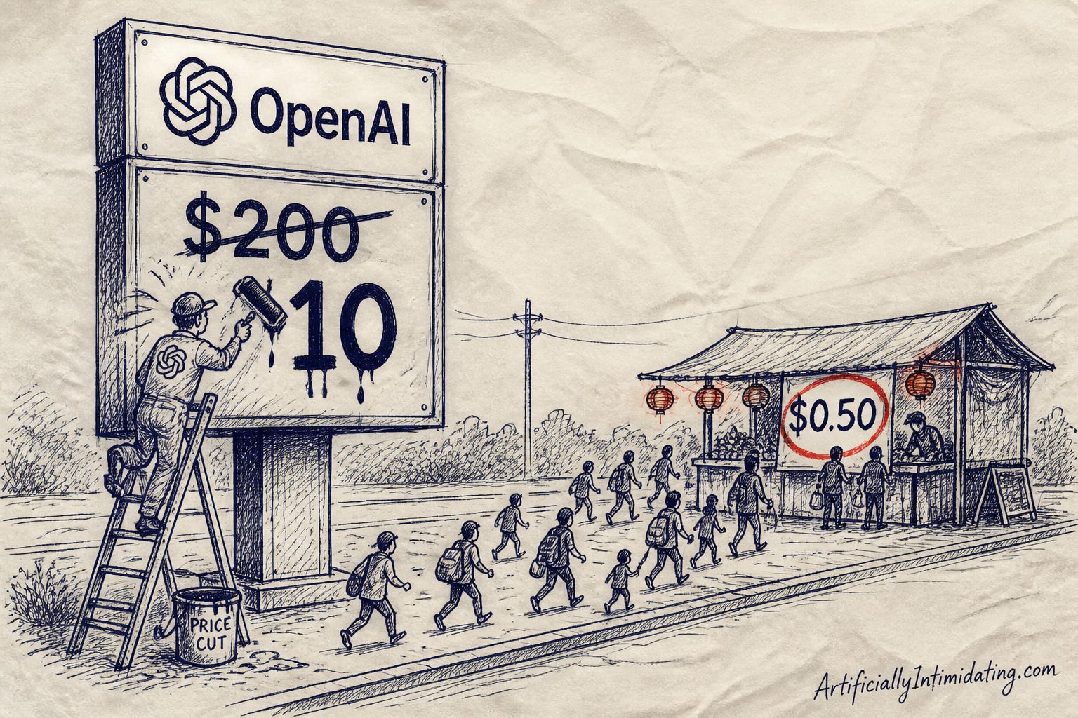 Pen-and-ink cartoon: a large roadside price sign headed with the OpenAI flower mark and wordmark, showing a struck-through high price and a much lower number being repainted by a worker on a ladder, paint dripping. Across the road a plain market stall hung with paper lanterns shows a far lower price inside a red circle, and a long line of tiny customers walks away from the big sign toward the stall.