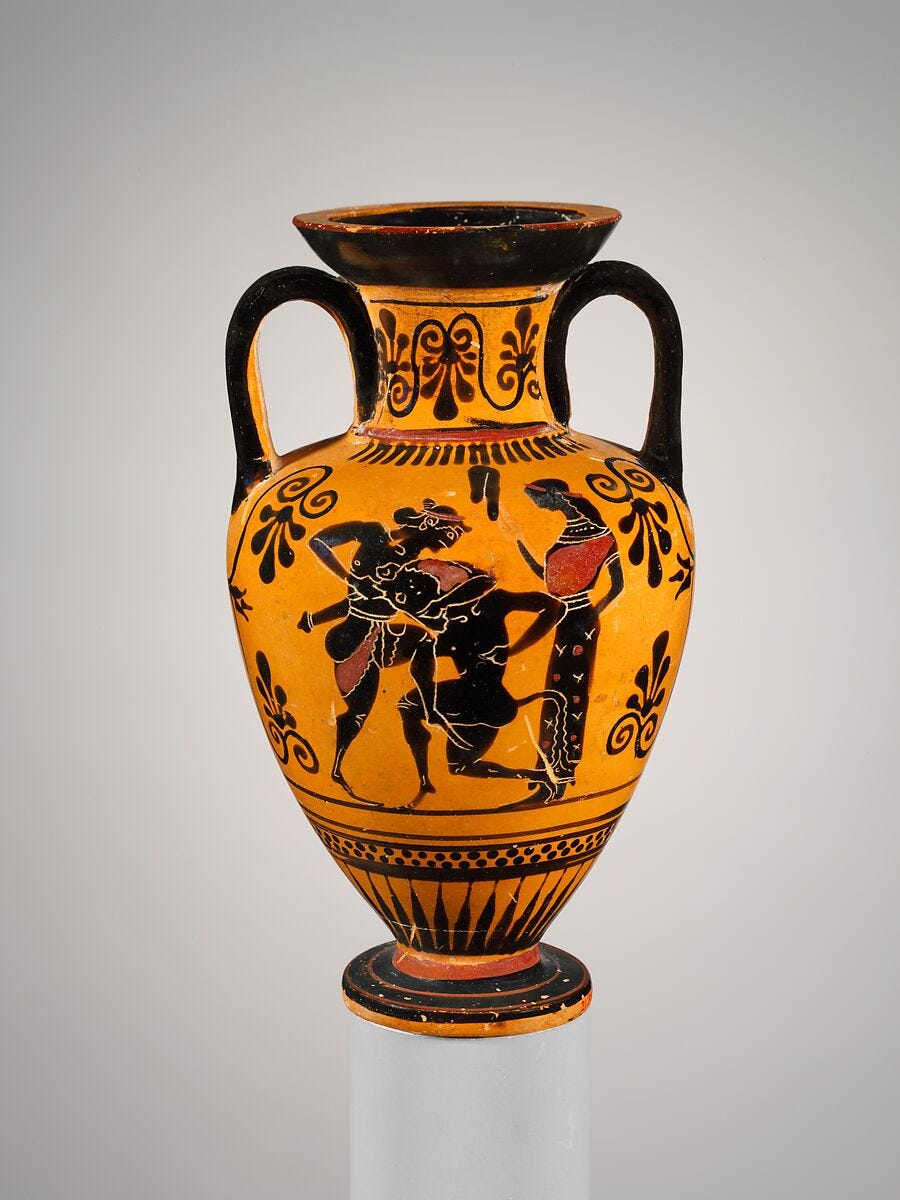 Terracotta neck-amphora (jar), Attributed to the Edinburgh Painter, Terracotta, Greek, Attic Terracotta neck-amphora (jar), Attributed to the Edinburgh Painter, Terracotta, Greek, Attic