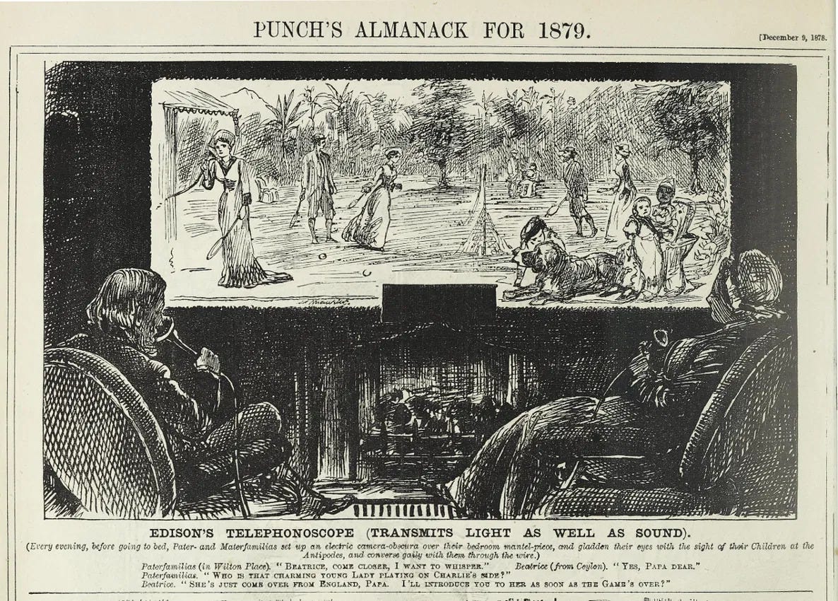George du Maurier’s 1878 Punch cartoon imagining people talking through a telephonoscope. George du Maurier’s 1878 Punch cartoon imagining people talking through a telephonoscope.