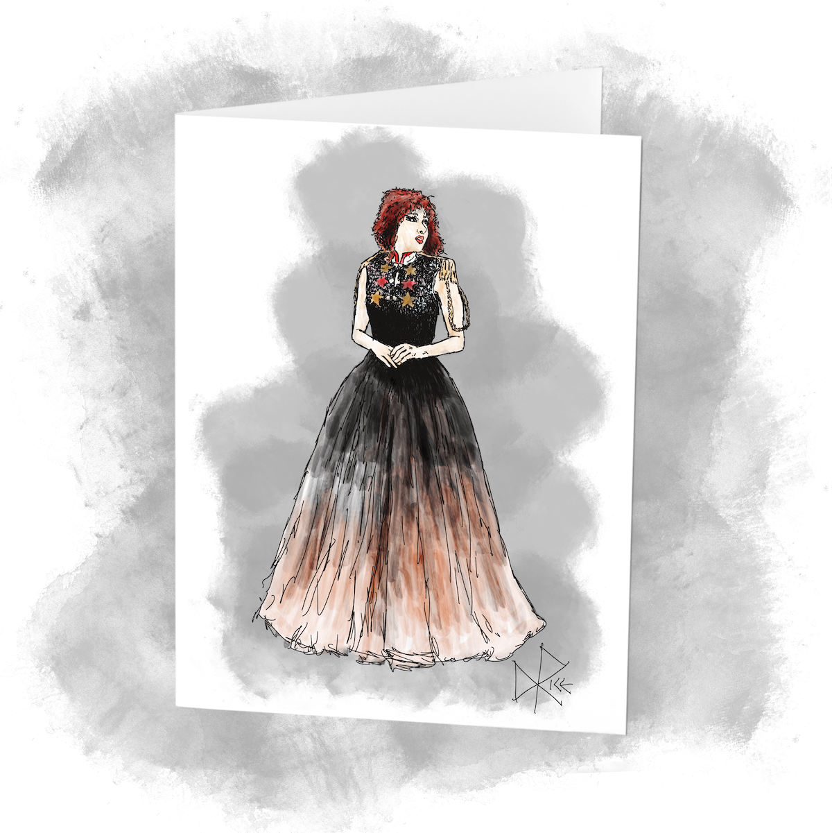 Chappell Roan, standing in a dress with her hands clasped at her waist. Sketch art by Don Rice. Chappell Roan, standing in a dress with her hands clasped at her waist. Sketch art by Don Rice.