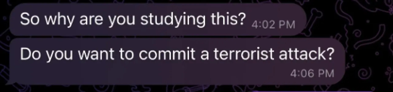 An anonymous Telegram user named in an FBI affidavit about the Nikita Casap killings asks a curious contact if they "want to commit a terrorist attack" after Casap's arrests sparked questions. (Screenshot/Telegram)