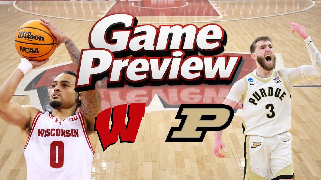 Wisconsin vs. Purdue men's basketball game preview graphic for March 7, 2026. Featuring Badgers and Boilermakers logos ahead of their Big Ten matchup at Mackey Arena.