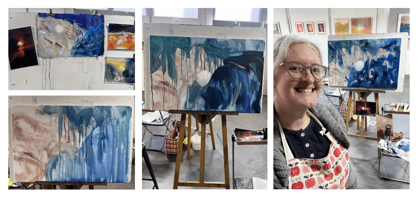 4 photos showing the evolution of Claire's abstract lyrical painting, from sketch to first placement of paints on canvas, to further defining the forms on canvas, to the final result with Claire posing beside the canvas on easel with materials all around. From top left to right
