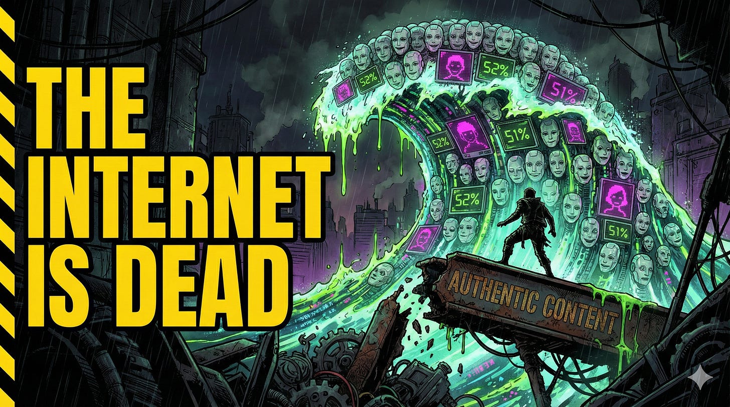 Dead internet theory confirmed with 51% bot traffic, 52% AI-generated articles, and detection tools failing against synthetic content floods in 2025