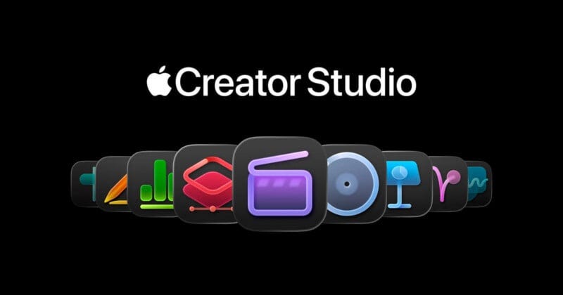 O logotipo do Apple Creator Studio é exibido acima de uma fileira de ícones coloridos de aplicativos em um fundo preto, cada ícone representando diferentes ferramentas criativas ou categorias de mídia.