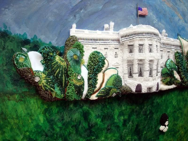 beaded White House green trees Barack Obama pop art relief acrylics painting blog collage beaded White House green trees Barack Obama pop art relief acrylics painting blog collage