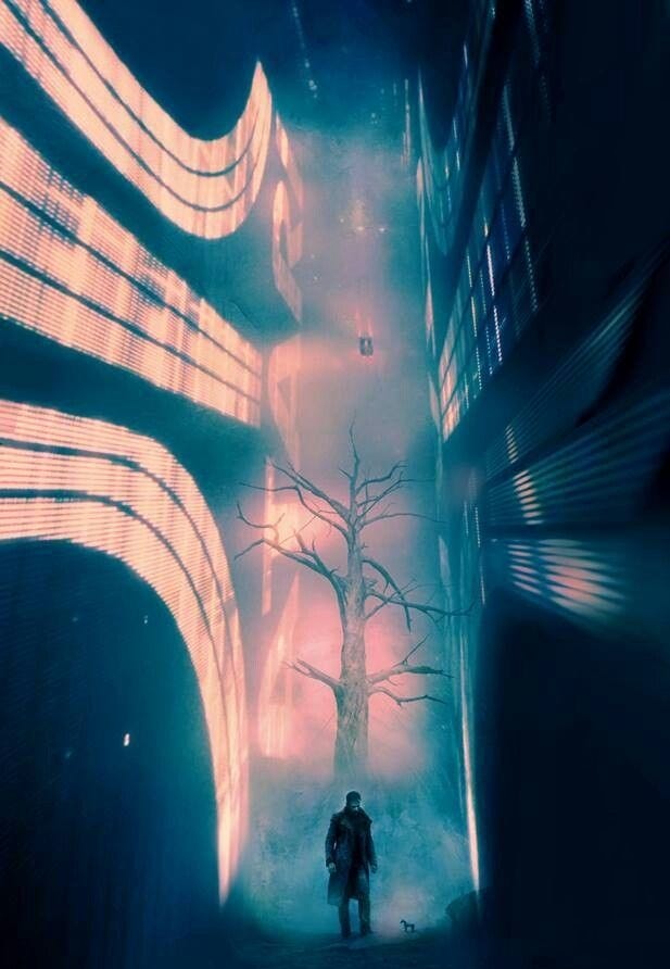 This may contain: a man standing in front of a tall building with neon lights on the side of it