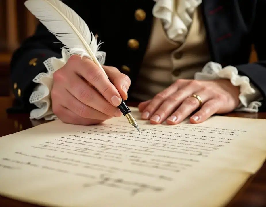 A detailed view of John Hancock's hand as he uses a quill and ink to inscribe The Declaration of Independence. A detailed view of John Hancock's hand as he uses a quill and ink to inscribe The Declaration of Independence.