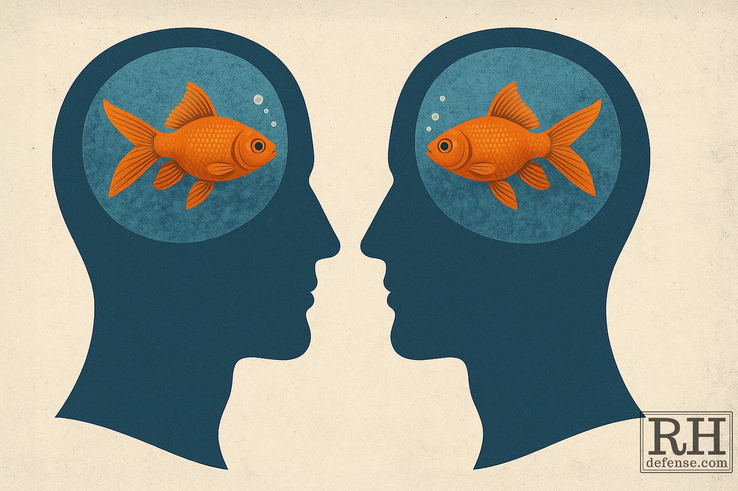 Two silhouetted human heads face each other, each with a small goldfish swimming inside the transparent space of its skull. The goldfish gaze at one another, suspended in calm blue water against a cream background, symbolizing how people perceive and misperceive one another’s inner worlds.