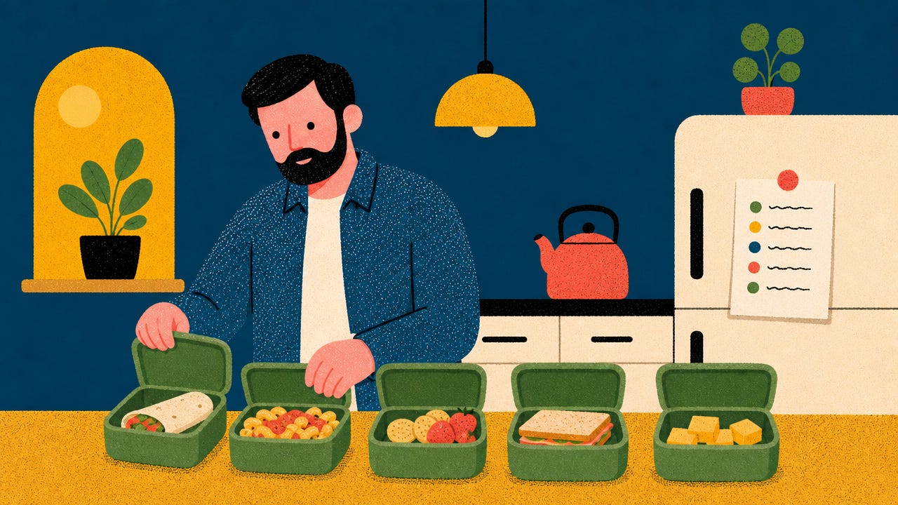 Dad packing five school lunches on a Sunday with the weekly lunch rotation pinned to the fridge — organising family life