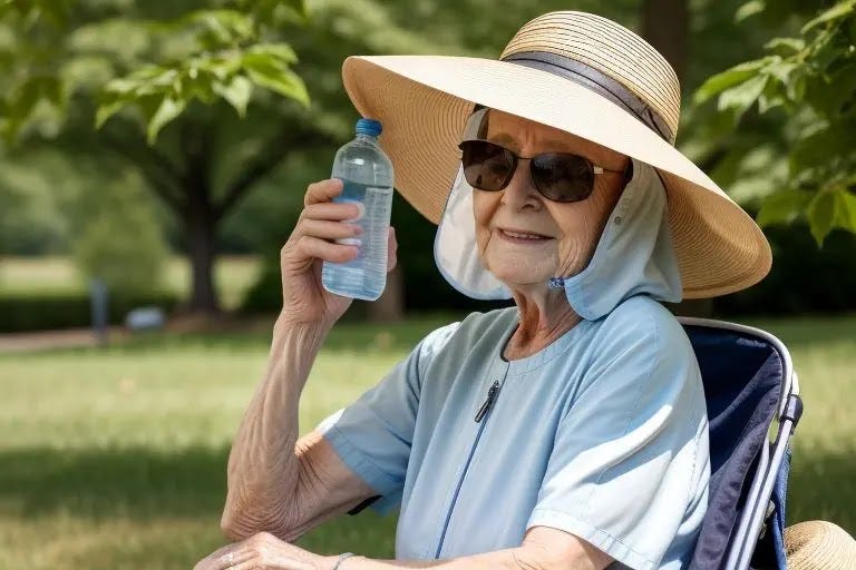 An older woman wearing protective clothing and holding a water bottle while resting under a tree for shade on a hot summer day.