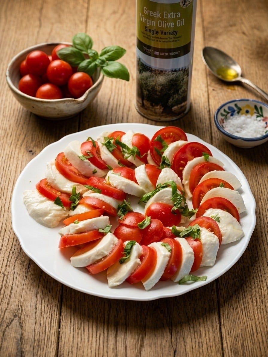A fresh Caprese salad with sliced tomatoes, mozzarella, basil, and extra virgin olive oil served on a wooden table.