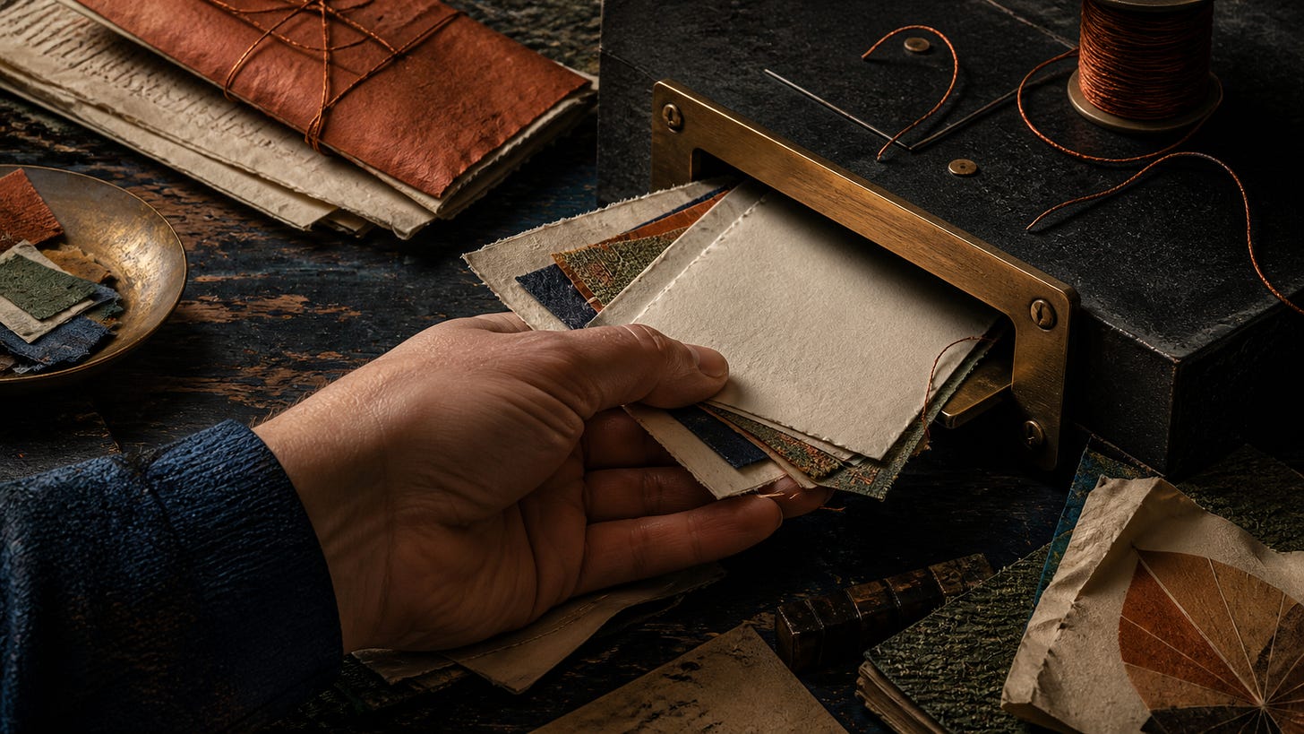 A hand holds handmade paper and fabric swatches beside a small black press, with leather journals, thread and craft tools on a dark workbench.