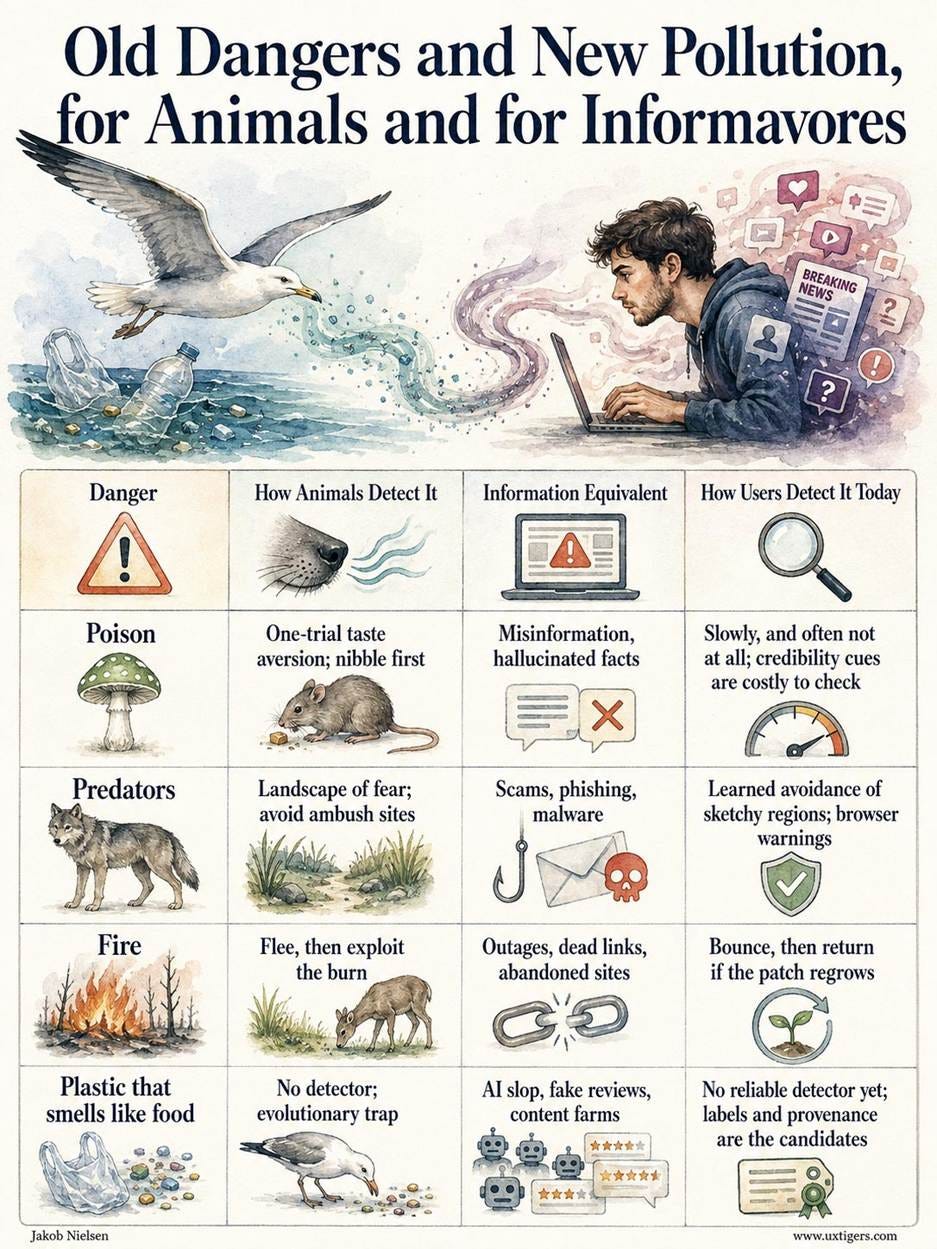 Old Dangers and New Pollution, for Animals and for Informavores Danger How Animals Detect It Information Equivalent How Users Detect It Today Poison One-trial taste aversion; nibble first Misinformation, hallucinated facts Slowly, and often not at all; credibility cues are costly to check Predators Landscape of fear; avoid ambush sites Scams, phishing, malware Learned avoidance of sketchy regions; browser warnings Fire Flee, then exploit the burn Outages, dead links, abandoned sites Bounce, then return if the patch regrows Plastic that smells like food No detector; evolutionary trap AI slop, fake reviews, content farms No reliable detector yet; labels and provenance are the candidates Old Dangers and New Pollution, for Animals and for Informavores Danger How Animals Detect It Information Equivalent How Users Detect It Today Poison One-trial taste aversion; nibble first Misinformation, hallucinated facts Slowly, and often not at all; credibility cues are costly to check Predators Landscape of fear; avoid ambush sites Scams, phishing, malware Learned avoidance of sketchy regions; browser warnings Fire Flee, then exploit the burn Outages, dead links, abandoned sites Bounce, then return if the patch regrows Plastic that smells like food No detector; evolutionary trap AI slop, fake reviews, content farms No reliable detector yet; labels and provenance are the candidates