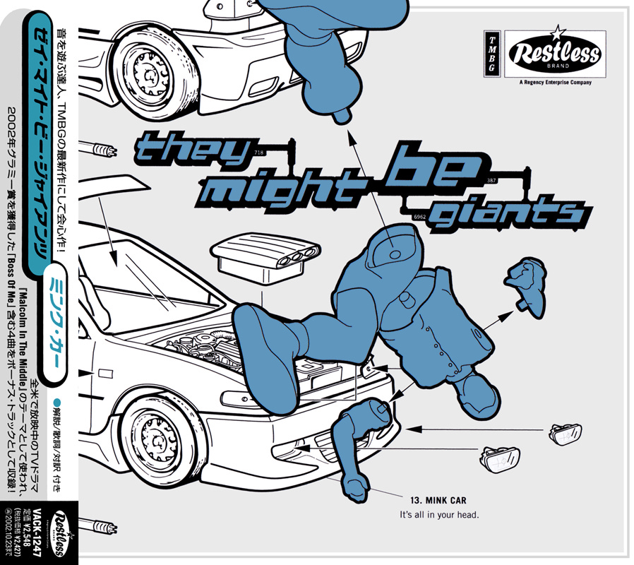 Illustrated cover art for They Might Be Giants’ album “Mink Car,” featuring a disassembled blue crash test dummy and a car diagram on a light gray background. Illustrated cover art for They Might Be Giants’ album “Mink Car,” featuring a disassembled blue crash test dummy and a car diagram on a light gray background.
