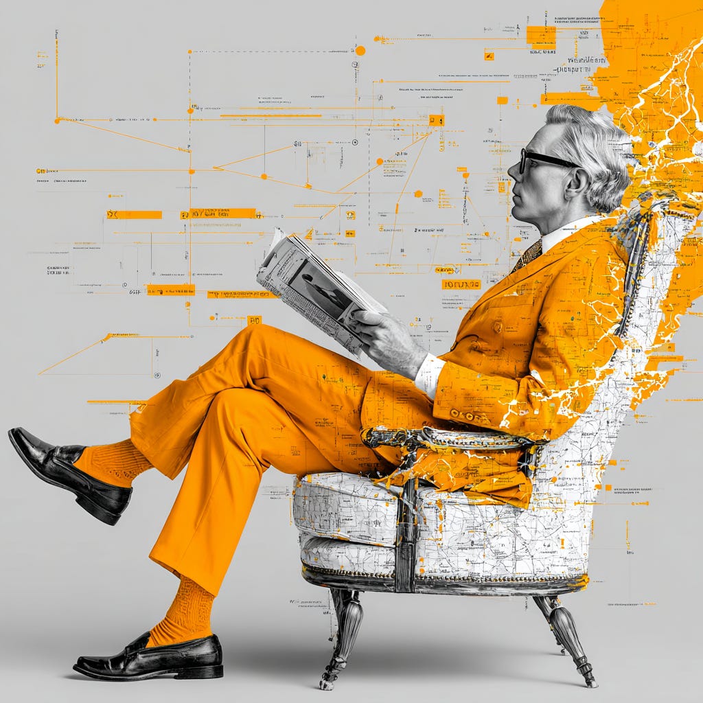A sharply dressed man in an orange suit sits cross-legged in a classic armchair, immersed in reading a newspaper. Behind him, a backdrop of interconnected data points, circuit-like graphics, and digital maps stretches across a neutral grey background—suggesting a fusion of analogue thought and digital complexity. The composition captures the modern executive mindset: reflective, informed, and poised to interpret the cascading impacts of AI, geopolitics, and systemic change. His confident posture and composed expression suggest wisdom earned through experience—an emblem of trusted leadership in a time of rapid transformation. Perfectly suited to editorial coverage about AI literacy, responsible governance, and the rise of executive intelligence in an increasingly automated world