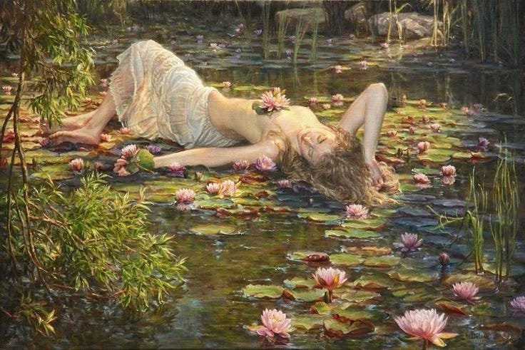 This may contain: a painting of a woman laying on top of water lillies