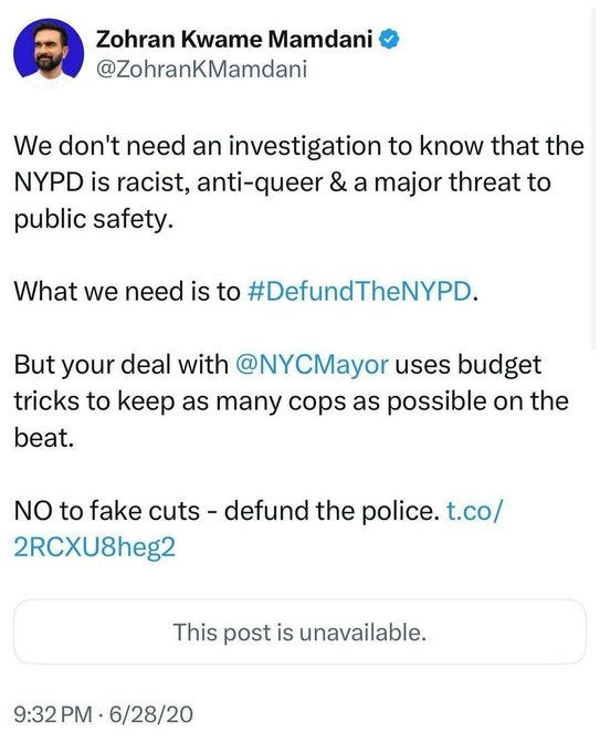 A screenshot of a Twitter post by Zohran Kwame Mamdani. The post includes text criticizing the NYPD, mentioning racism, anti-queer sentiments, and public safety threats, advocating for defunding the police. A profile picture of Zohran Kwame Mamdani is visible on the left, showing a man with a beard. The post includes hashtags and mentions of @NYCMayor.