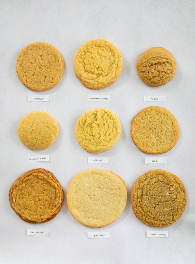 9 different corn cookies on a gray background.