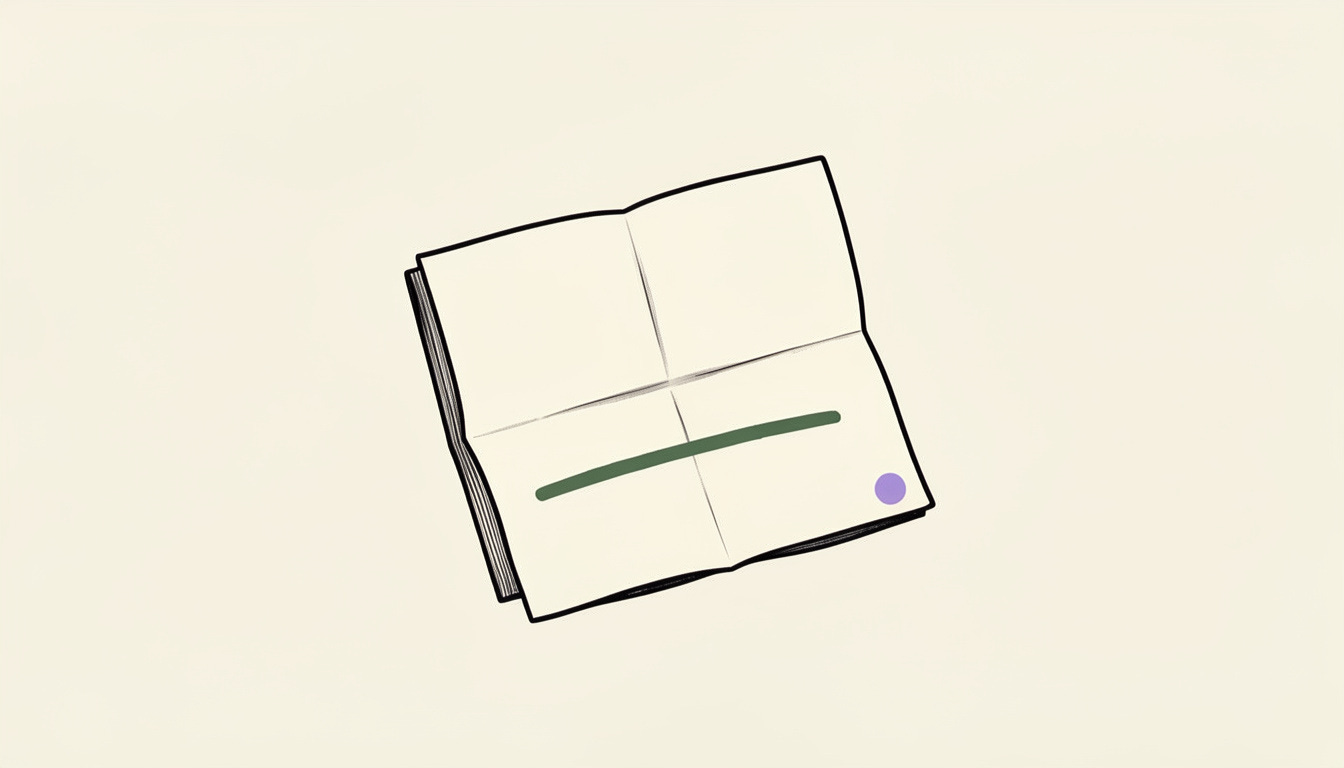 A line drawing of an open notebook or book on a cream background, viewed at a slight angle. Across the right page, a single confident sage green underline mark sits beneath an unseen sentence. A small lavender dot rests in the lower right corner. Editorial illustration suggesting that taste is a specific mark on a specific page, not a general feeling.