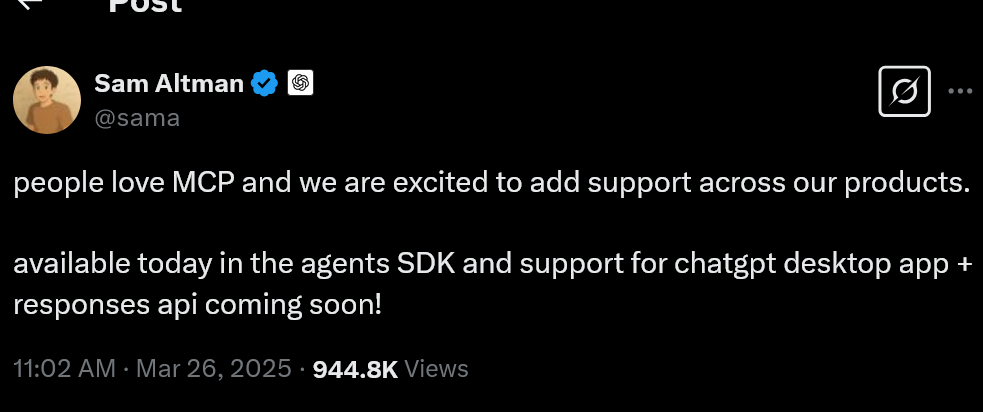 A tweet from Sam Altman announces MCP support in their products, available in the agents SDK and ChatGPT desktop app, with a responses API coming soon. (Captioned by AI)