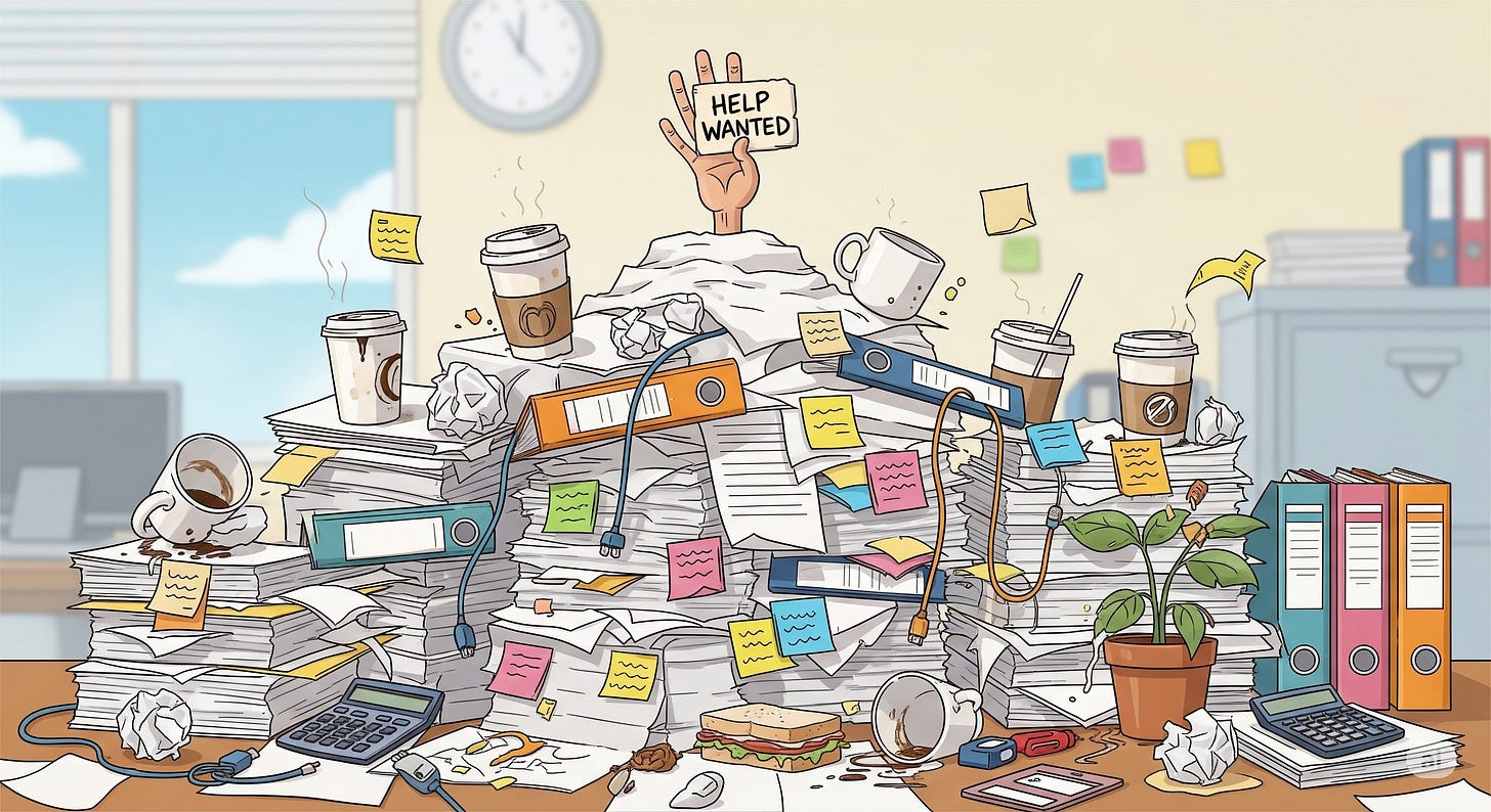 Cartoon illustration of an office desk buried under piles of papers, coffee cups, and binders, with a hand holding a “Help Wanted” sign poking out from the clutter. Cartoon illustration of an office desk buried under piles of papers, coffee cups, and binders, with a hand holding a “Help Wanted” sign poking out from the clutter.