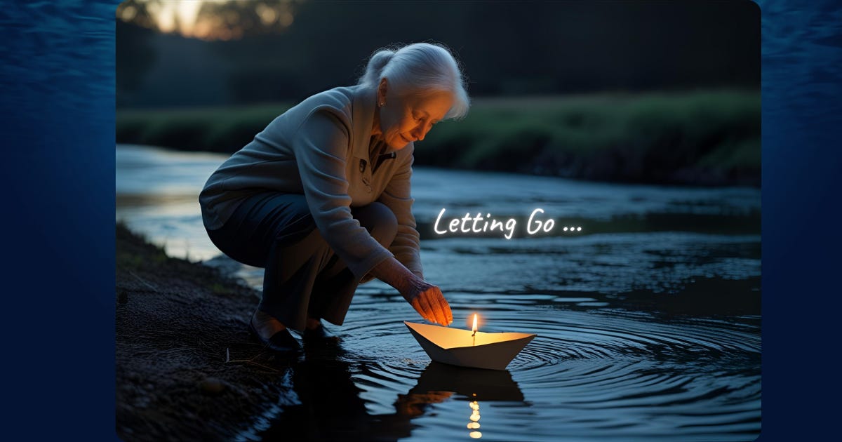 An elderly woman kneels at the edge of a quiet stream at dusk, gently placing a paper boat with a lit candle onto the water. The candle glows warmly, casting reflections on the rippling stream. The scene feels tender, ritualistic, and meditative—soft dusk colors of lavender, blue, and gold, with gentle shadows and a sense of release.