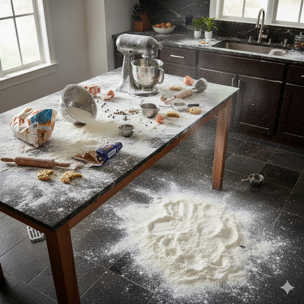 Messy kitchen with ingredients everywhere, including spilt flour.