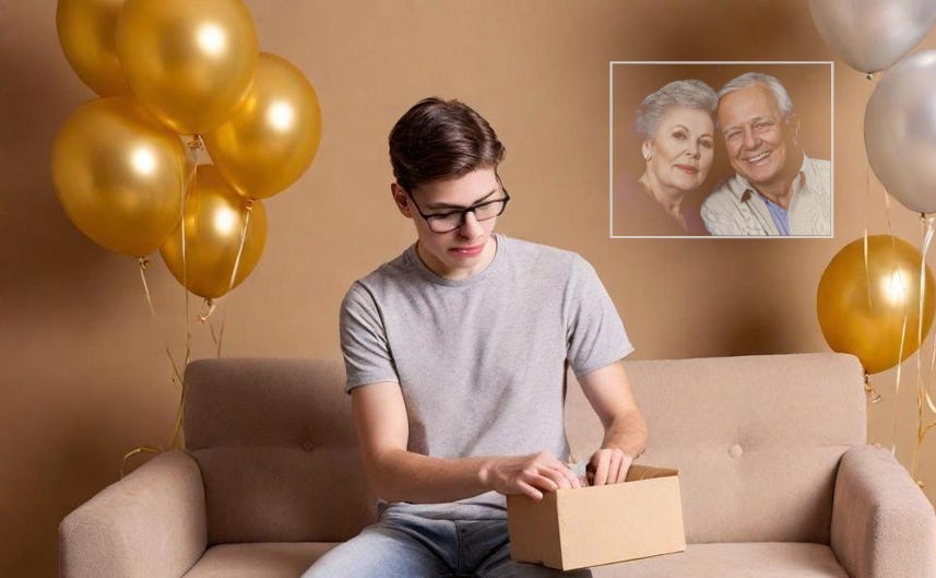 21-year-old white man unpacks a small cardbook box during celebration, as indicated by the balloons on each side of the couch he sits on. A faded portrait of his grandparents appears on the wall behind him.