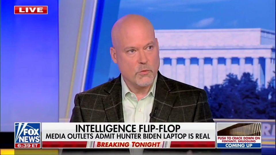 May be an image of 1 person and text that says 'LIVE FOX INTELLIGENCE FLIP-FLOP NEWS MEDIA OUTLETS ADMIT HUNTER BIDEN LAPTOP IS REAL 6:39 ET BREAKING TONIGHT PUSH CRACK DOWN ON FENTANYL MUGGLING Û'