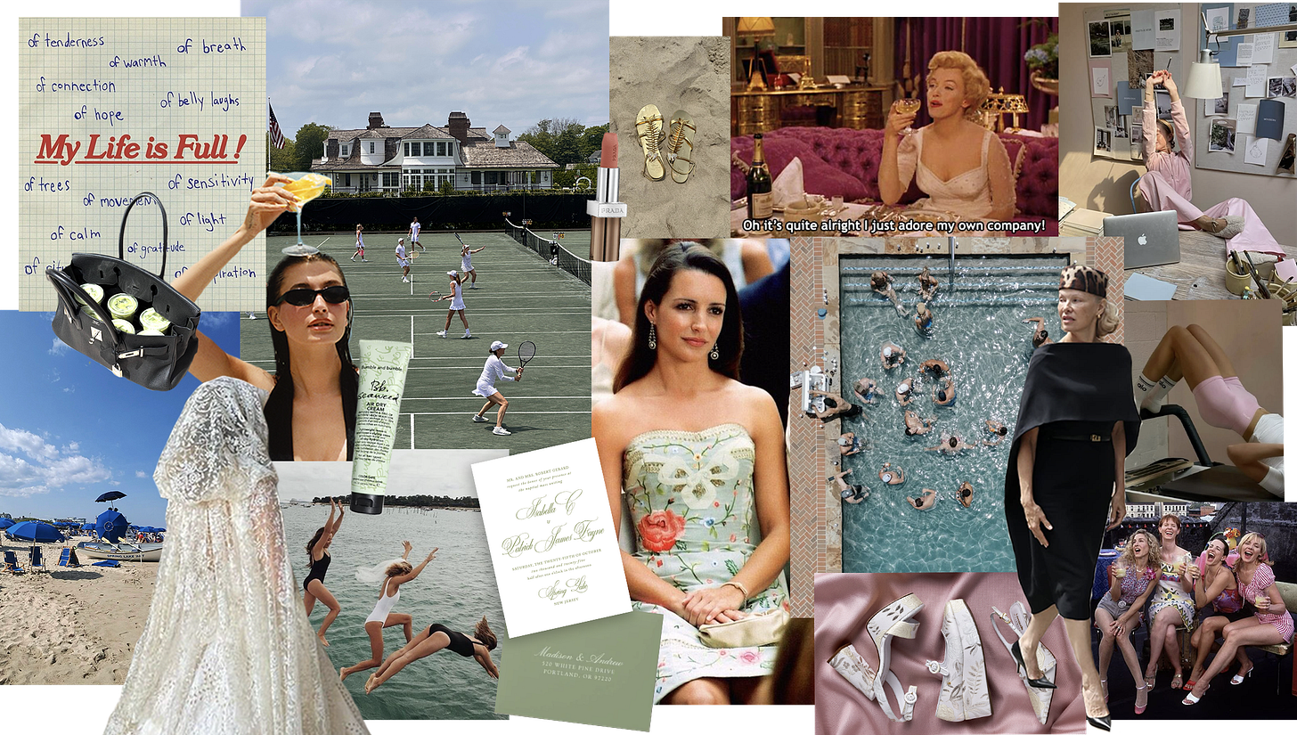 Bella's August mood board, with images of the beach, tennis, wedding things, bridal fashion, and more.
