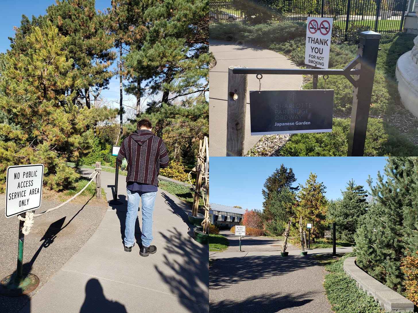 A collage of three photos showing the entrance to the Charlotte Partridge Ordway Japanese Garden. In one of the photos, a human stands in the way of the entrance path. A collage of three photos showing the entrance to the Charlotte Partridge Ordway Japanese Garden. In one of the photos, a human stands in the way of the entrance path.