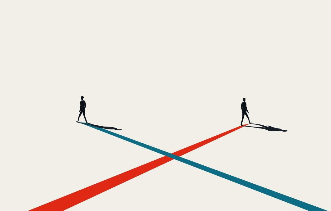 Illustration of two figures crossing paths, one path highlighted blue and one red
