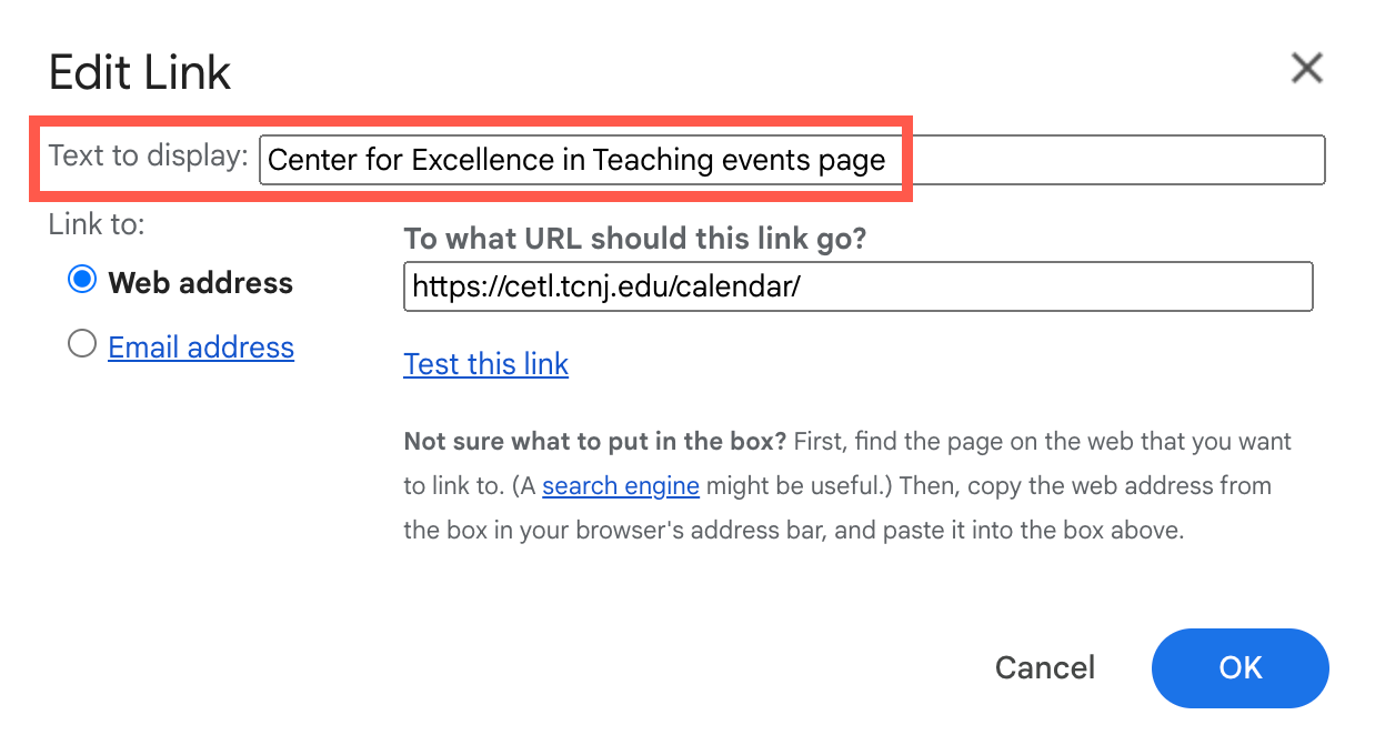 User interface of an 'Edit Link' dialog box with fields to enter the display text and the URL, instructions for use, and 'Cancel' and 'OK' buttons.