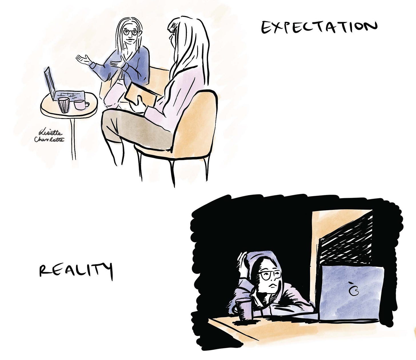 An illustration of a young employee at the office in a meeting and then at home working on her laptop in the dark