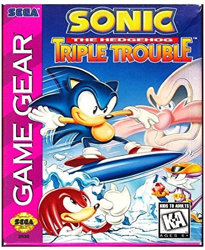 The North American box art for Sonic Triple Trouble, featuring the game's three antagonists all watching Sonic ride a surfboard