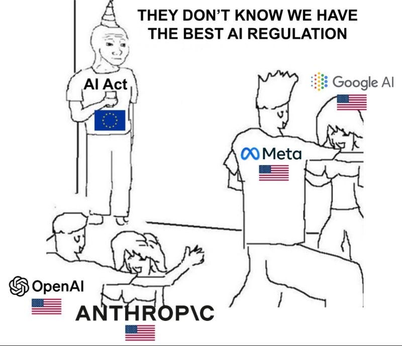 🇪🇺 “We Have the Best AI Regulation!” 🇪🇺 Meanwhile, across the room...  🇺🇸 OpenAI, Anthropic, Google, and Meta are busy building the future. This  meme perfectly sums up the AI race: 🔹