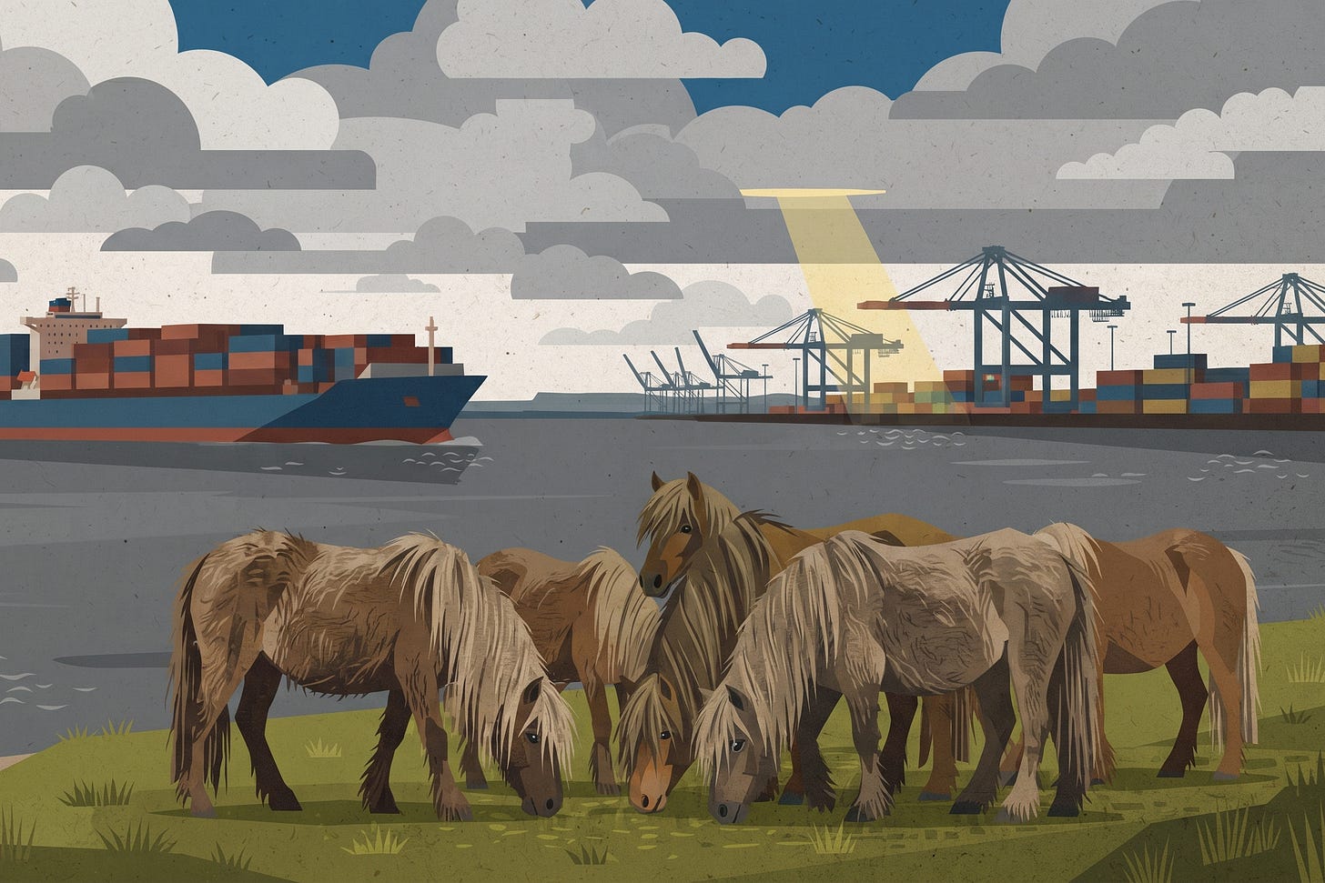 A herd of wild ponies, with long shaggy manes, standing at the edge of a wide river in England. The ponies are in the close foreground, central in the image. In the far distance are signs of industry: giant cranes and stacks of shipping containers. A huge container ship moves along the river in the middle distance. The river is grey, the sky cloudy with patches of blue and a single sunbeam in the distance. Artistic illustration style with solid blocks of colour. A herd of wild ponies, with long shaggy manes, standing at the edge of a wide river in England. The ponies are in the close foreground, central in the image. In the far distance are signs of industry: giant cranes and stacks of shipping containers. A huge container ship moves along the river in the middle distance. The river is grey, the sky cloudy with patches of blue and a single sunbeam in the distance. Artistic illustration style with solid blocks of colour.