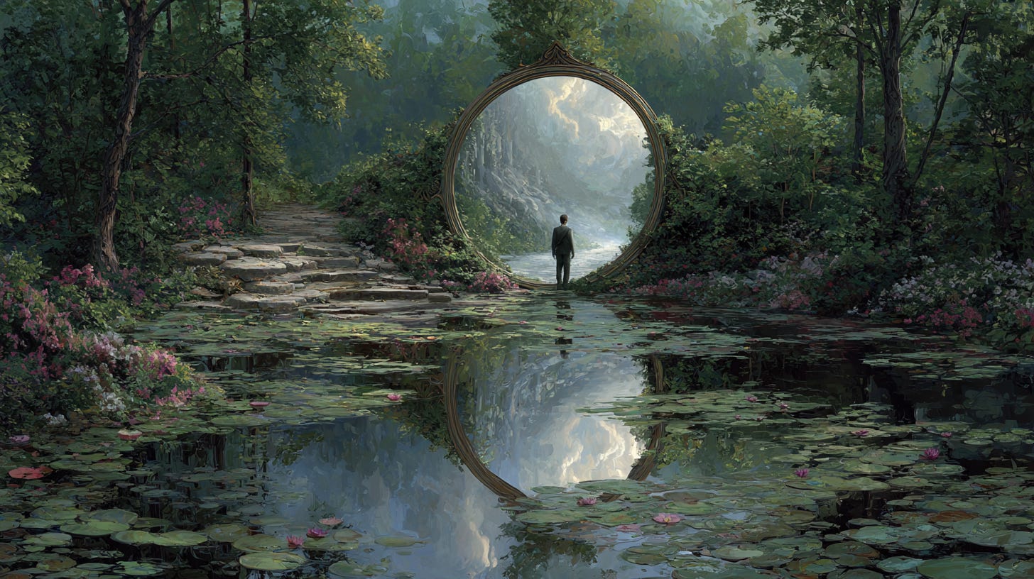 walking through a mirror in a beautiful landscape